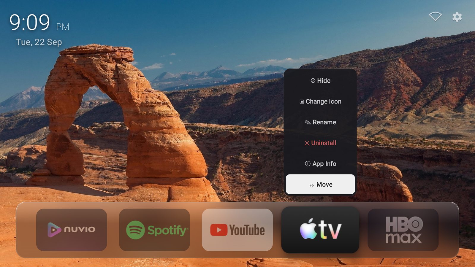 App options menu with Hide, Change icon, Rename, Uninstall, App info and Move
