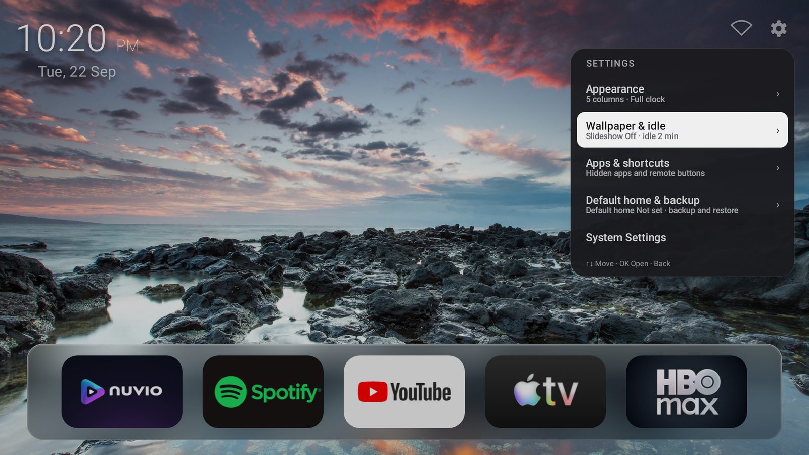 Settings menu with Appearance, Wallpaper and idle, Apps and shortcuts, and Default home and backup
